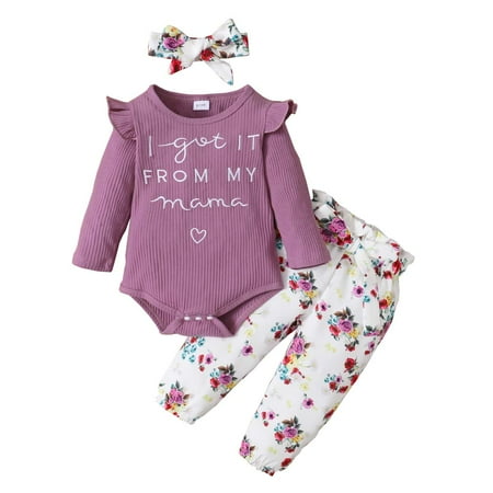 

Kucnuzki 0 Months Baby Girl Fall-Winter Outfits Pants Sets 3 Months Long Sleeve Letter Prints Romper Tops Elastic Floral Pants Headband 3PCS Set Pink
