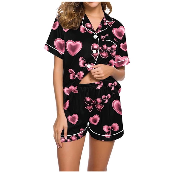 Goodtrade8 Shorts & Tops PJS for Women 2 Pieces Button up Homewear Heart Print Short Sleeve Summer Casual Loungewear Pockets Homewear Womens Pajamas Set Lightweight