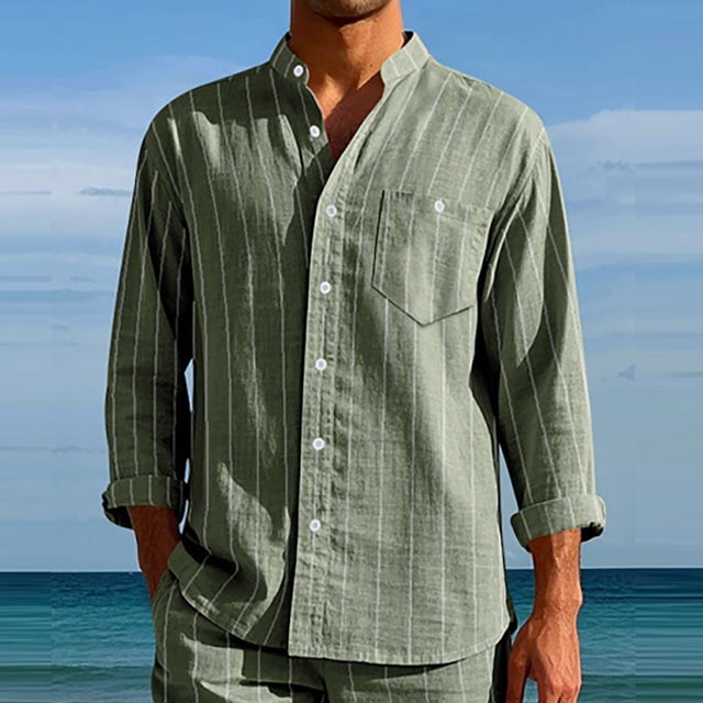 Blusa y camisa de manga larga con cuello alto para hombre, camisa transpirable con bolsillo y estampado a rayas de cuello alto de moda, de poliéster.