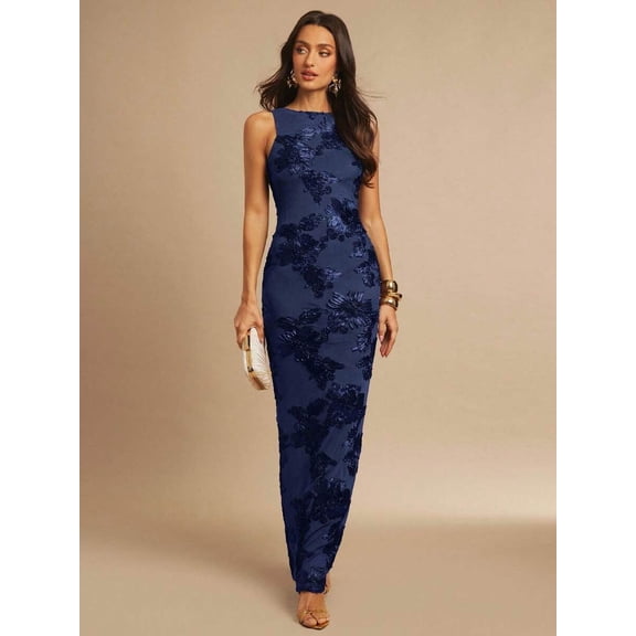 Navy Blue 3D Floral Embroidered Sleeveless High Neck Fitted Maxi Dress