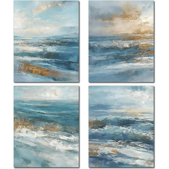 4Pcs 4 Styles Ocean Canvas Wall Art Beach Wall Prints 7.9" x 9.8" Cloth Boho Blue Sea Sunset Poster Picture Painting Walls Arts Decoration Print for Home Living Room Kitchen Bathroom