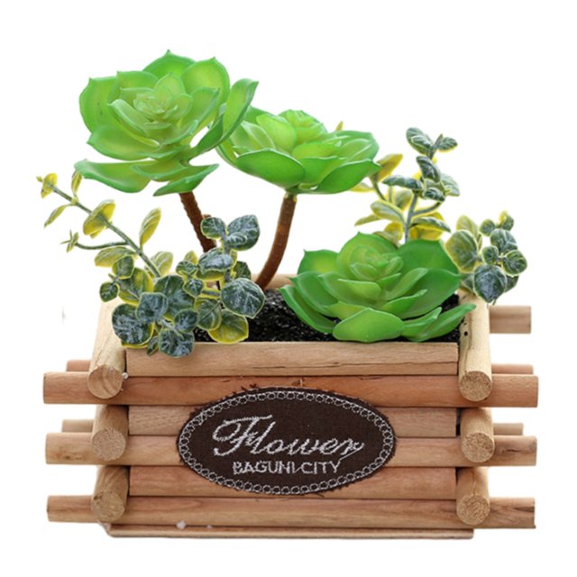 Simulación de suculenta combinación de flores bonsái y macetas de madera, decoración creativa artificial para el hogar, plantas verdes