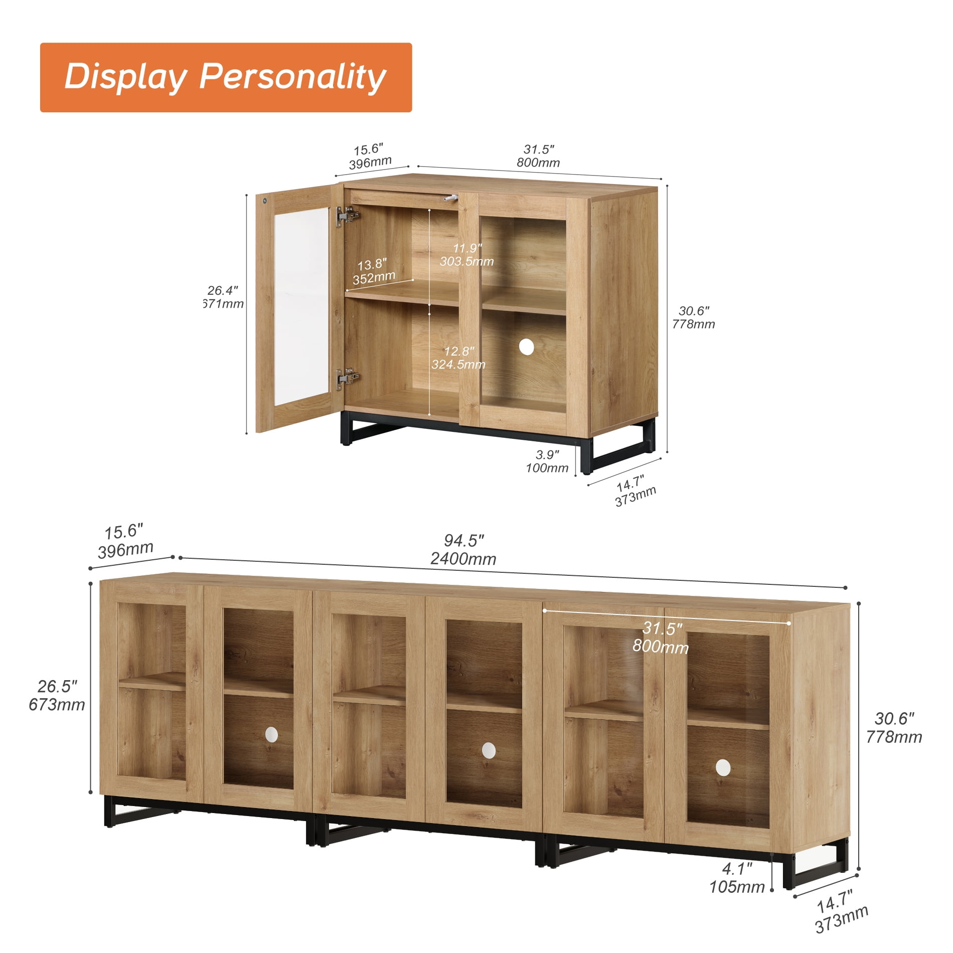 Modern Entertainment Center TV Console with Adjustable Shelves and Glass Doors, Home Media Furniture for 110 Inch TVs, Perfect for Living Room Use,Oak
