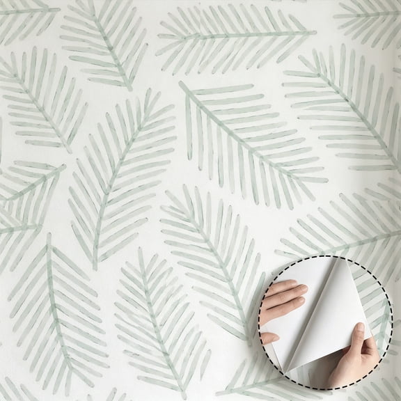 Green Watercolor Palm Leaf Wallpaper, Minimalist Aesthetic Modern Peel and Stick Wallpaper, Waterproof Wall Decoration for Living Room, Bedroom, Bathroom, Kitchen Cabinet, 17.7 * 118 in