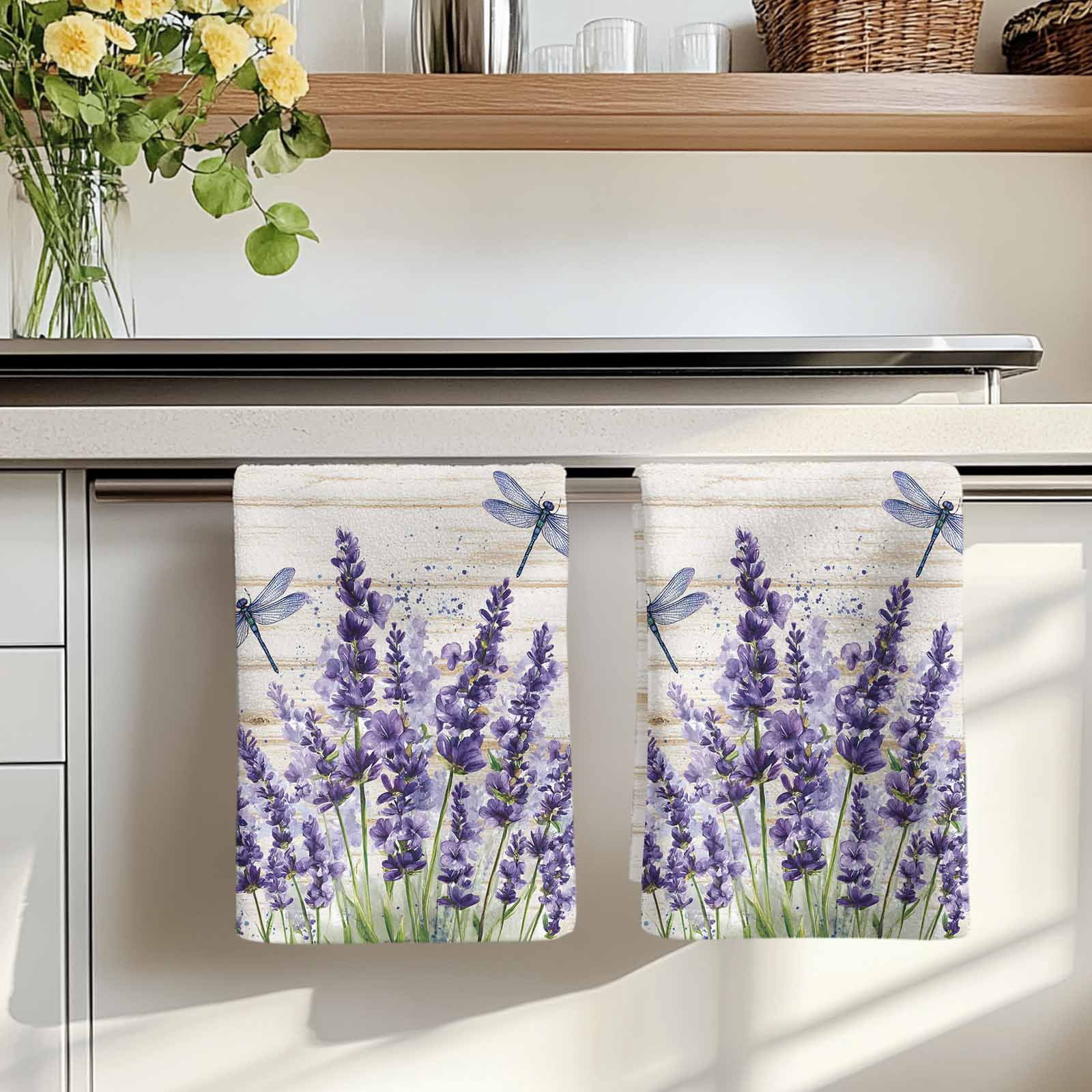 Purple Lavender Kitchen Towels Set of 2, Summer Watercolor Dragonfly Wooden Grain Absorbent Dish Towels for Kitchen, Microfiber Hand Towel, Quick Drying Tea Towel for Cleaning Decorative Dishcloths