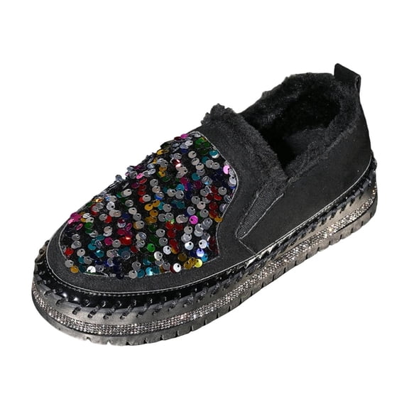 Black Feminine Flat Shoes With Sequined Accent And Fleece Lining Ideal For Cold Weather Wear
