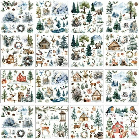 12 Sheets Winter Rub on Transfers Crafts Watercolor Forest Animal Rub on Transfer Stickers Art Style PVC Rub On Decals