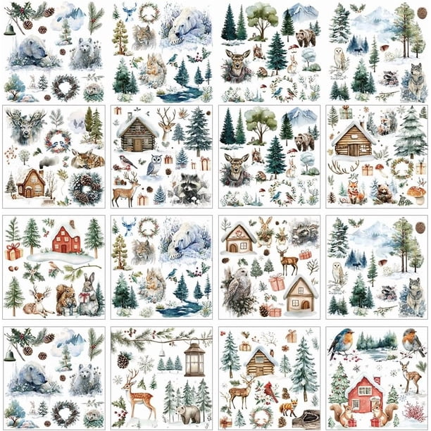 12 hojas de transferencias de invierno para manualidades, pegatinas de acuarela de animales del bosque, estilo artístico, calcomanías de PVC para frotar.