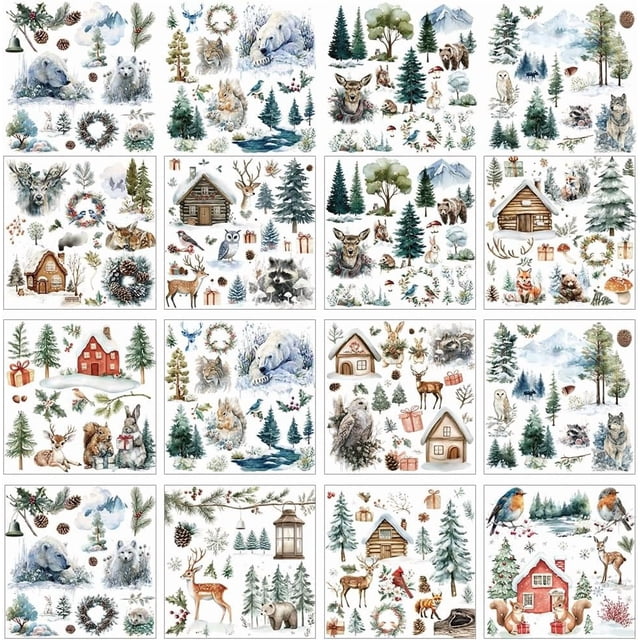12 hojas de transferencias de invierno para manualidades, pegatinas de acuarela de animales del bosque, estilo artístico, calcomanías de PVC para frotar.