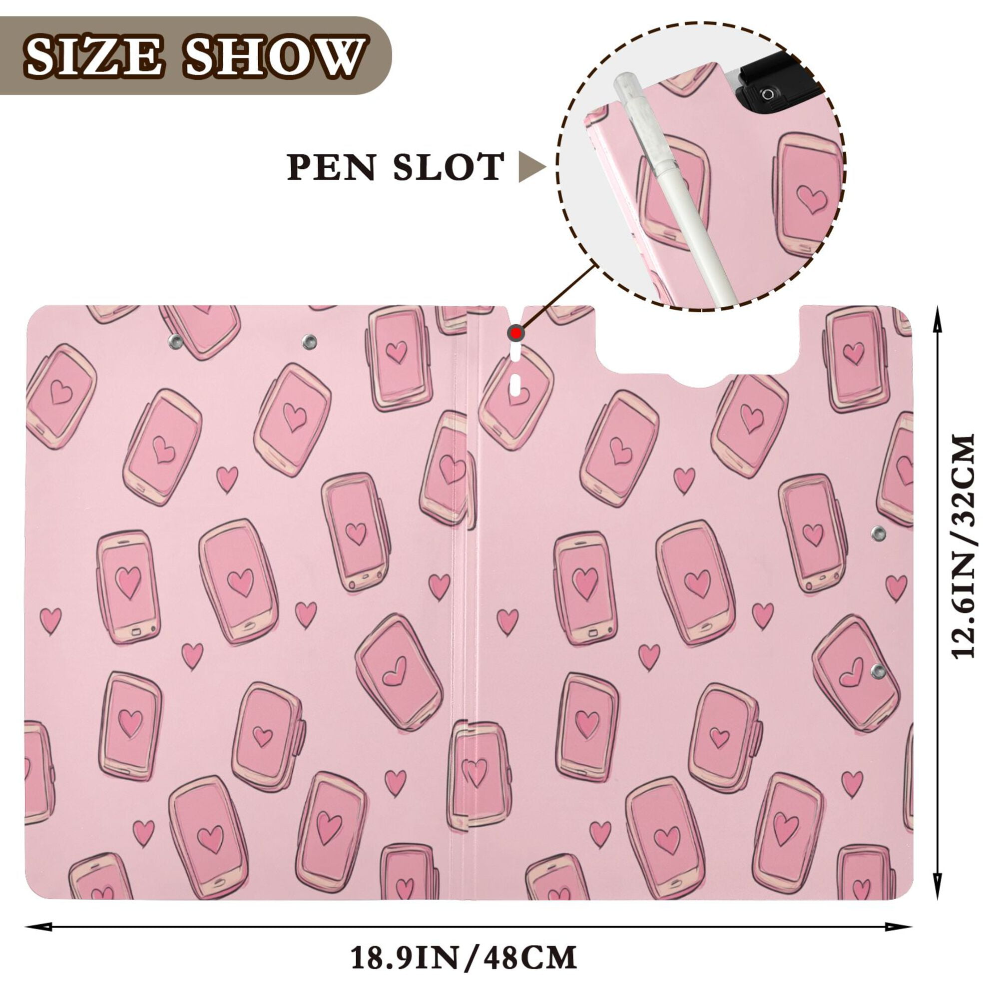 FORMRS A4 Clipboard Folder with Pen Holder Horizontal Foldable School Office Binder, Phones and Hearts