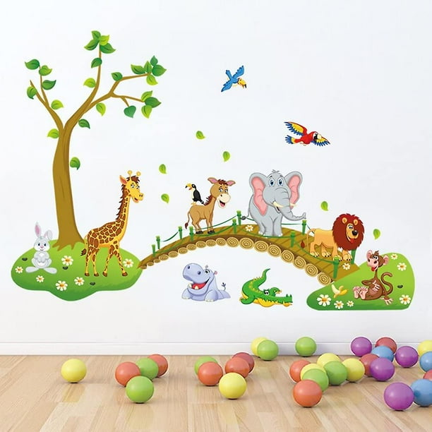 Jungle Animals Wall Decals Tree Lion Giraffe Elephant Children, kids room decor.
