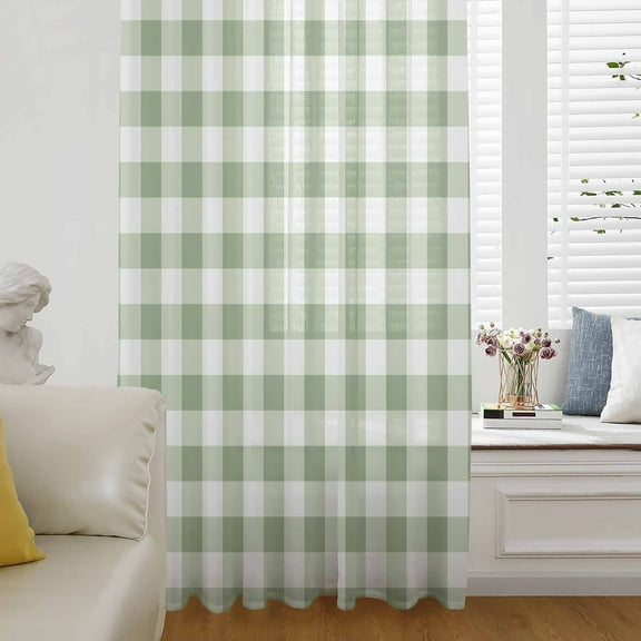Sage Green Buffalo Plaid Semi Sheer Curtains Drapes for Living Room,Bedroom,French Doors Window 96 Inches Long,Green White Checkered Farmhouse Rod Pocket Chiffon Curtain Drapery Voile Drape Panel
