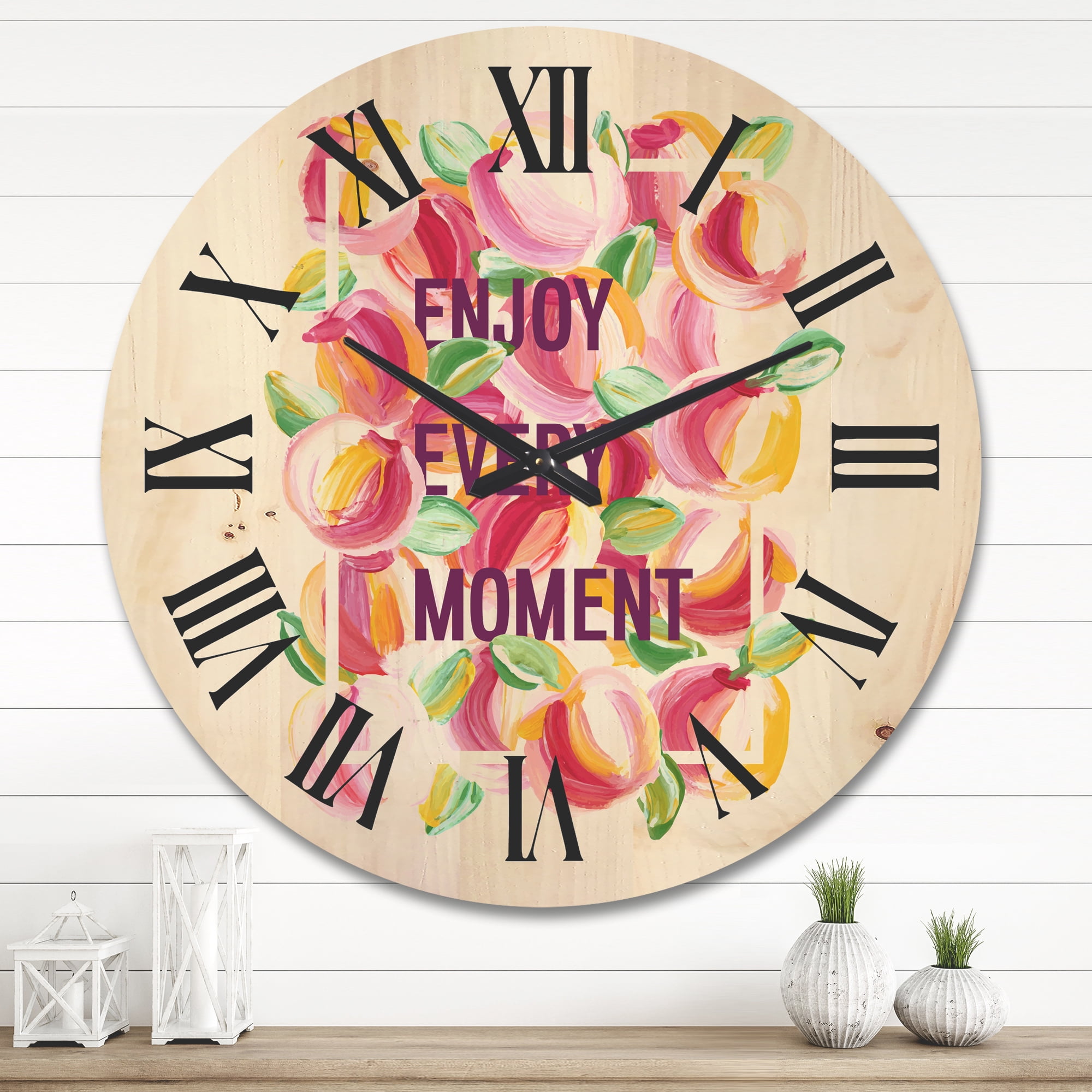 Designart 'Enjoy Every Moment Over Colorful Flowers' Traditional Wood Wall Clock