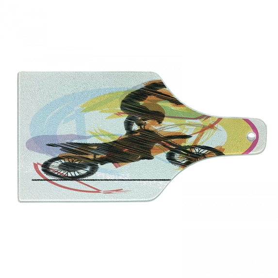Motorcycle Cutting Board, Sketch of Biker Performing Image on Abstract Colorful Background Modern Print, Tempered Glass Cutting and Serving Board, Wine Bottle Shape, Black Yellow, by Ambesonne