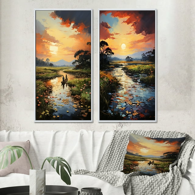 Designart "Coucher de Soleil sur une Rivière du Vietnam Delta II" Art Mural Encadré Vietnamien Ensemble de 2 - Ensemble de Cadres Muraux de Galerie de Paysages Rouges pour Décoration Intérieure