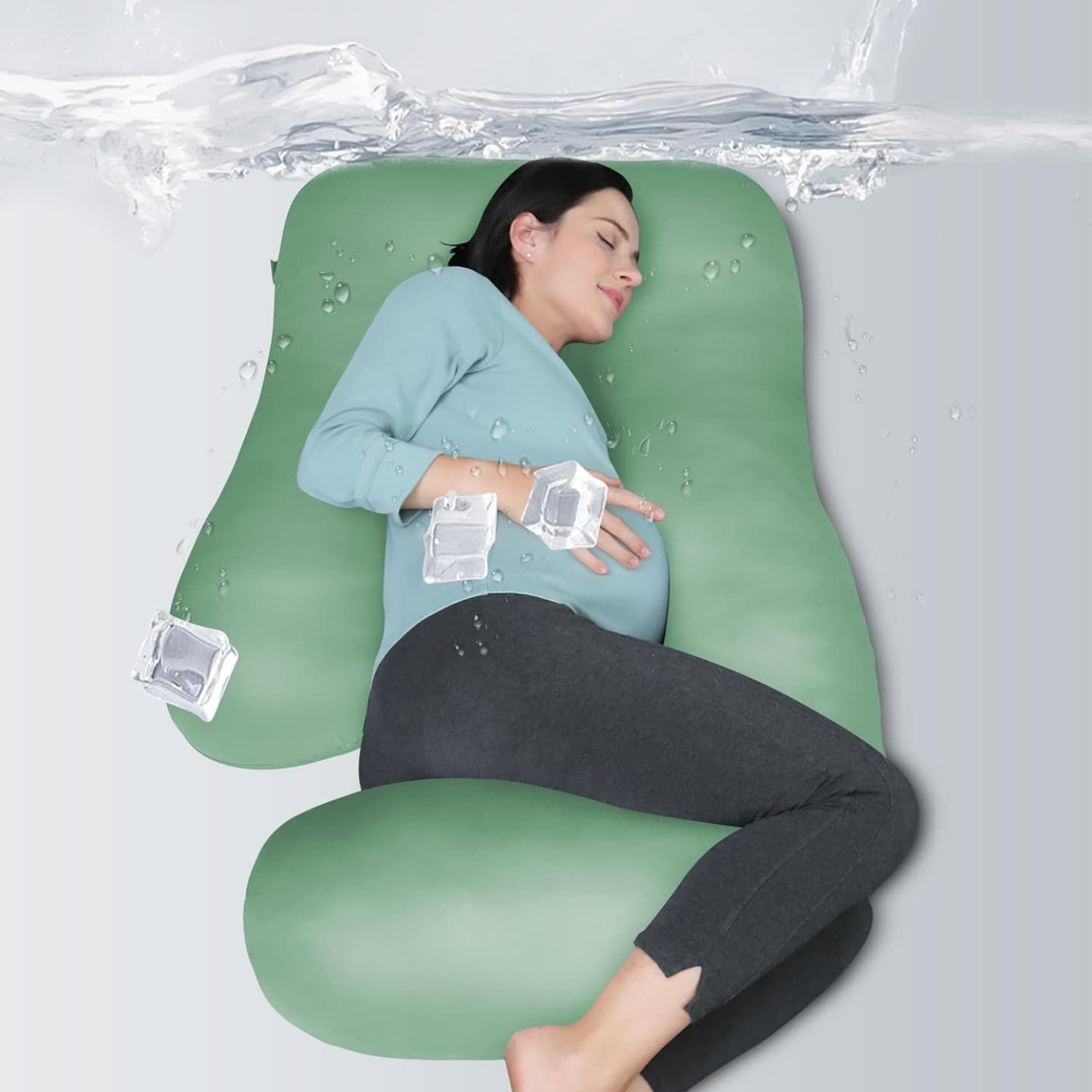 Pregnancy Pillows for Sleeping - U Shaped Full Body Maternity Pillow with Removable Cover - Support for Back, Legs, Belly, HIPS - 65 Inch - Green - Cooling Cover