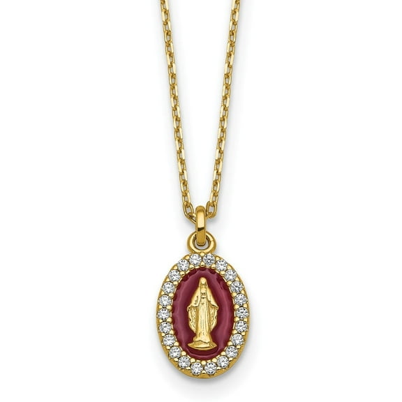 Sterling Silver Gold-plated CZ and Red Enamel Miraculous Medal 15.75 inch with 2 inch extender Necklace