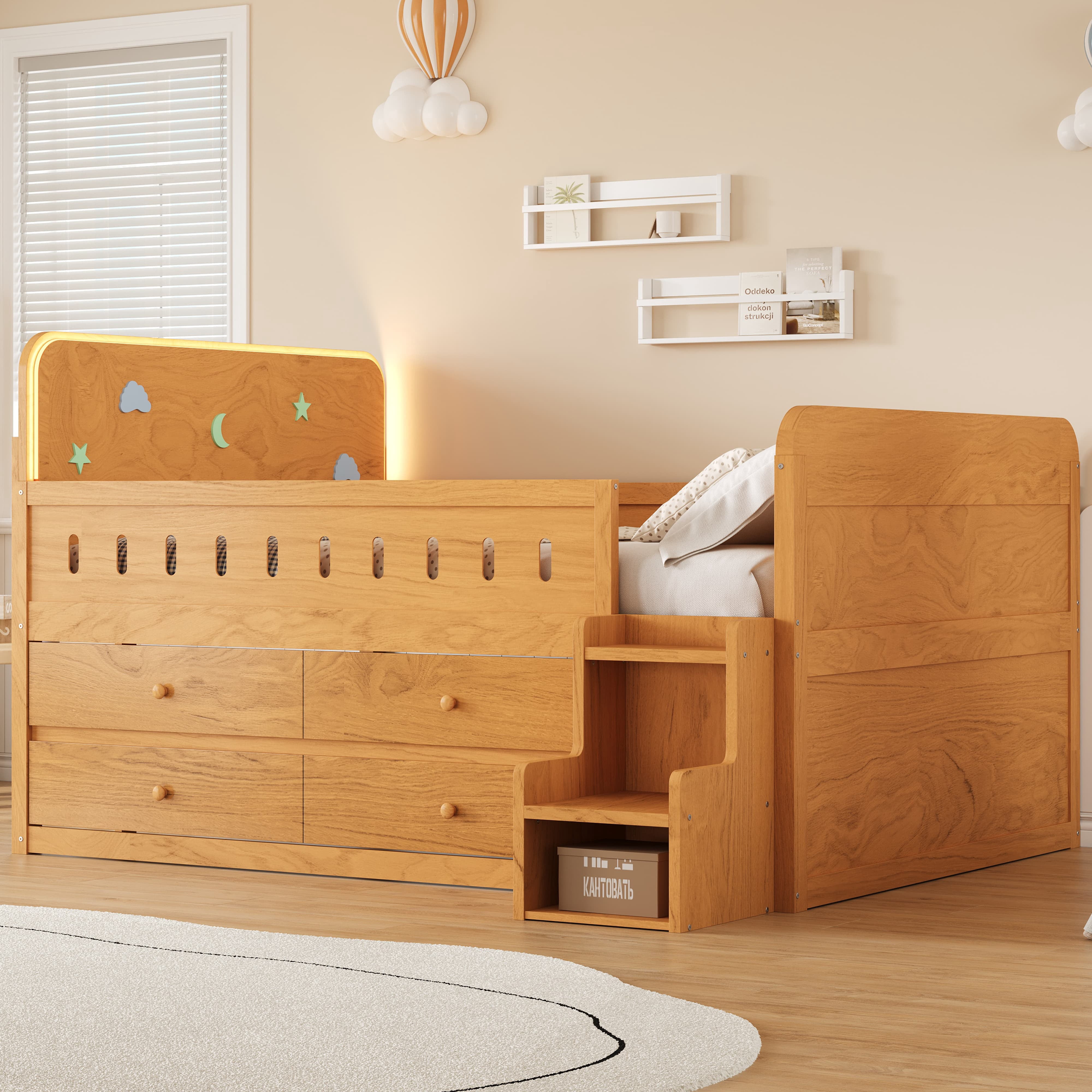 Euroco Wood Full Size Platform Bed with 4 Drawers and LED Light, Low Profile Kids Bed with Storage, White