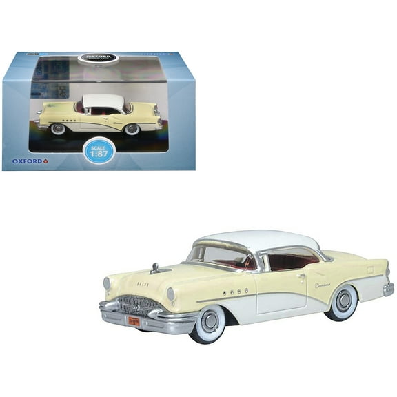 1955 Buick Century Condor Yellow and Dover White with Red Interior 1/87 (HO) Diecast Model Car by Oxford Diecast. Brand new box.