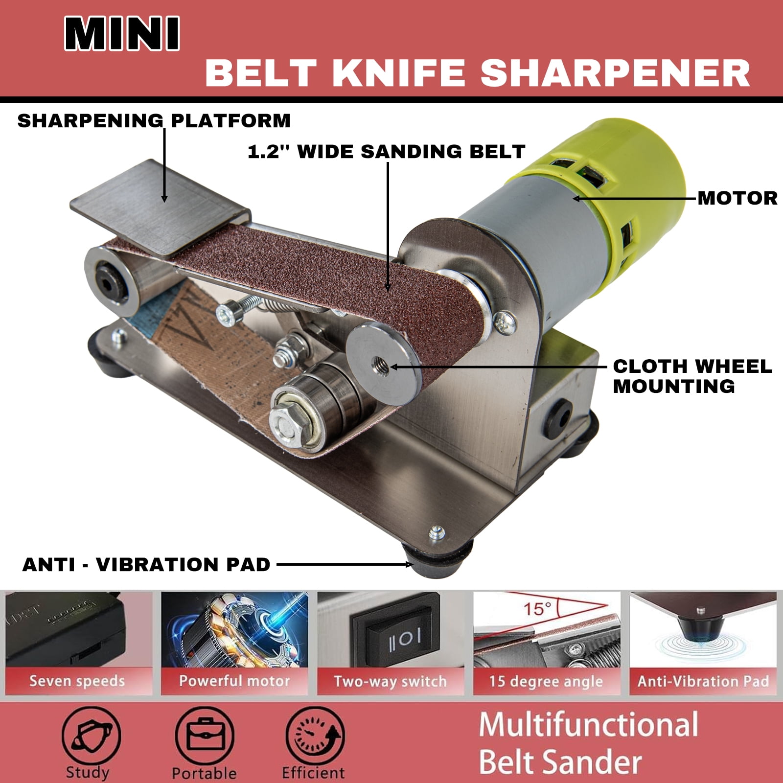 Electric Knife Sharpener, Mini Belt Sander, 7 Speeds, 15° Angle – Perfect for Kitchen Knives & Tools, Suitable for Home and Professional Chefs