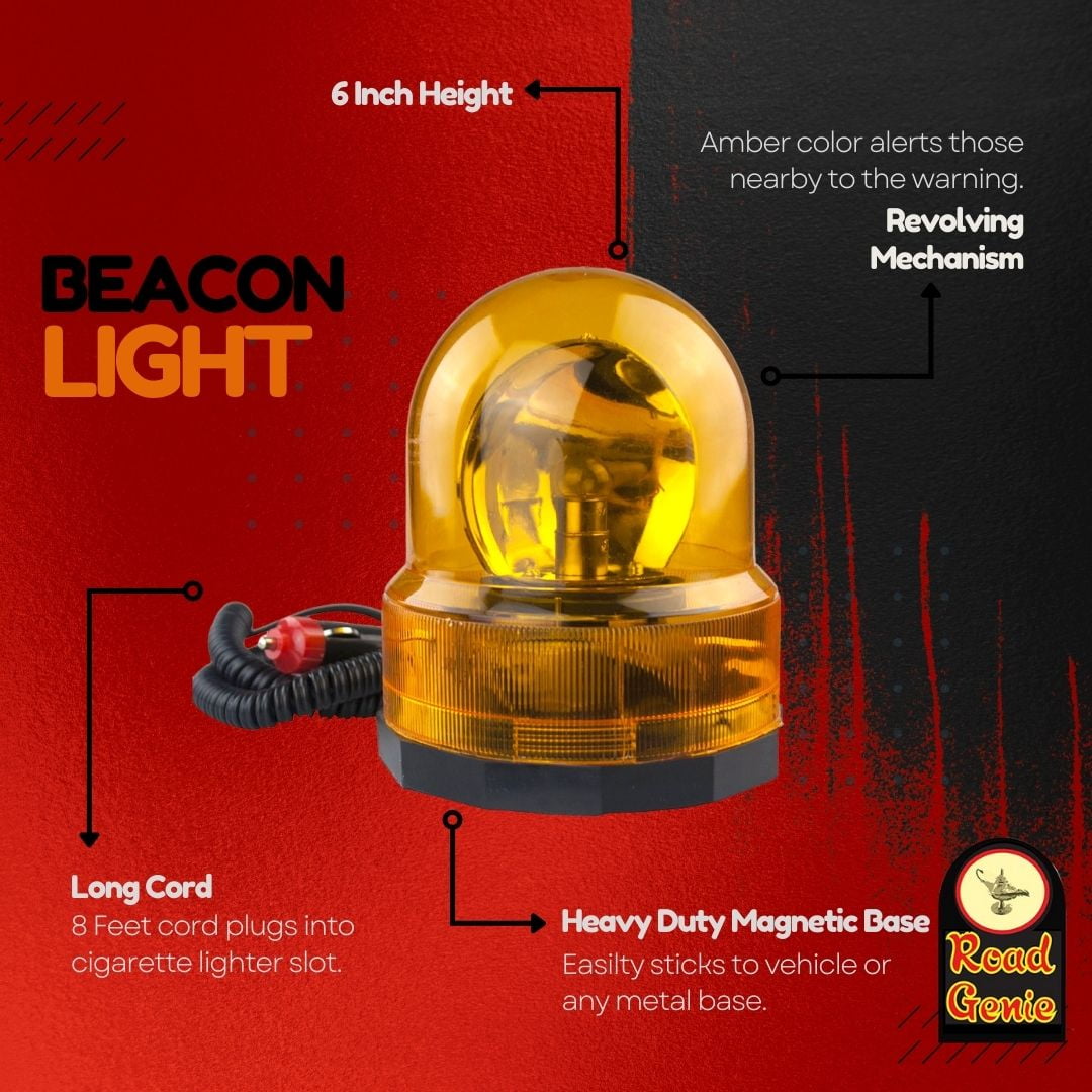 ROAD GENIE 12 Volt Revolving Amber Warning Beacon Light, 6 Height with  4.75 Magnetic Base, Direct Car Battery Operation