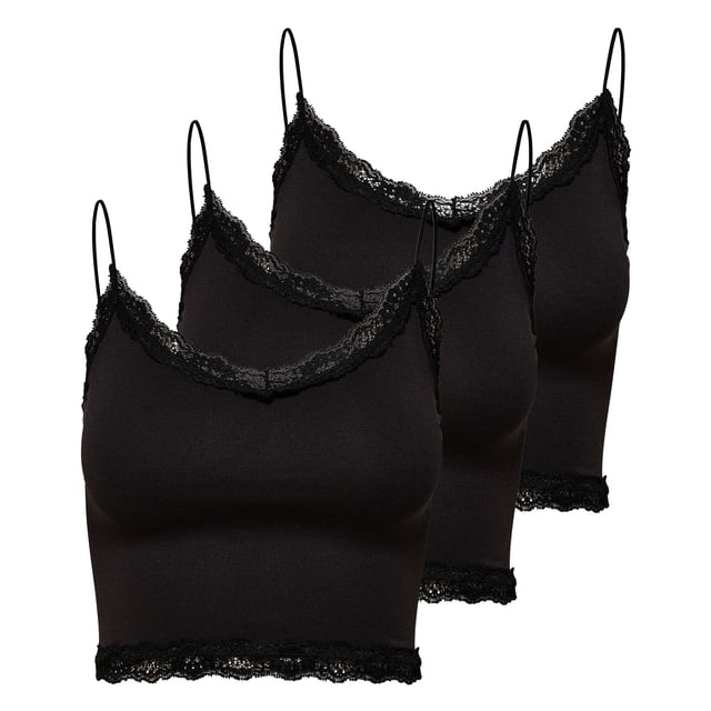 ONLY Top corto para mujer paquete de 3 - ONLVICKY LACE SEAMLESS CROPPED TOP, top de tirantes, encaje Negro L/XL (Large/X-Large)
