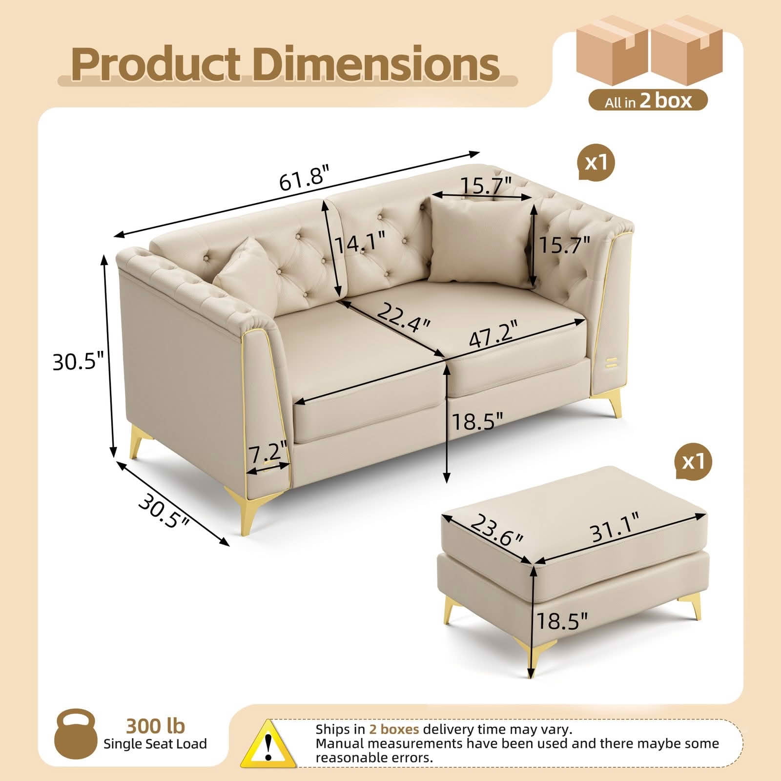 MAYEERTY 61.8" Light Luxury Modular Chesterfield 2‑Seater Sofa with 2 Ottomans, Faux‑Leather Loveseat, Button Tufting, Metal‑Trim Armrest & Slim Metal Legs, 2 Pillows Included