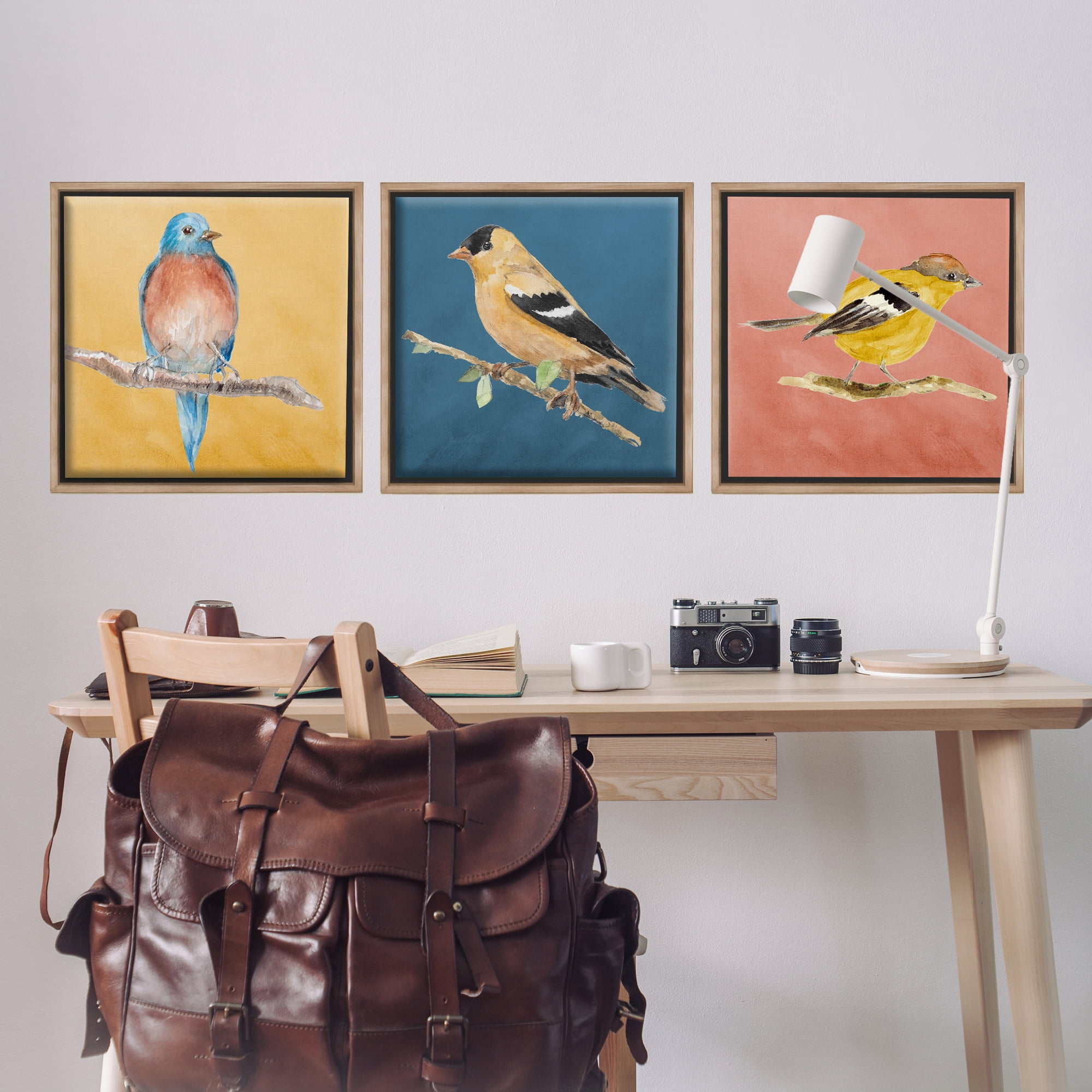 Stupell Industries Brilliant Birds on Branches Animals Painting Brown Floater Framed Canvas Art Print Wall Art, 25 x 25, Set of 3
