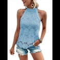 thumbnail image 3 of Camisetas Sin Mangas para Mujer, Blusa de Encaje Calado con Bordado de Ojales, Camisetas Sin Mangas Azul S, 3 of 10