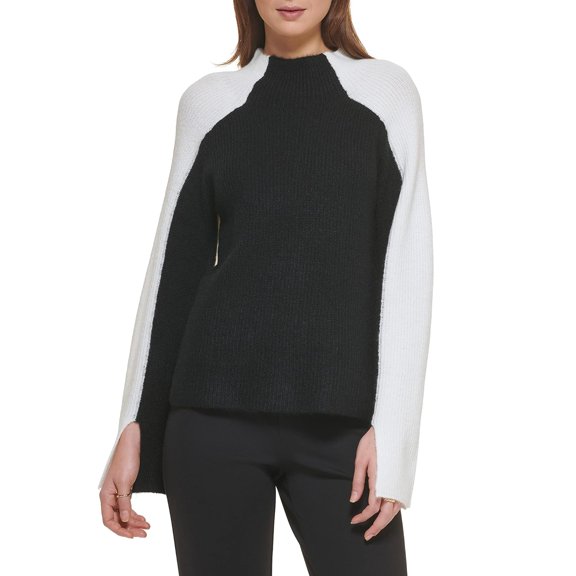 DKNY Long Sleeve Color-Block Funnel Neck Sweater Black/Ivory XS