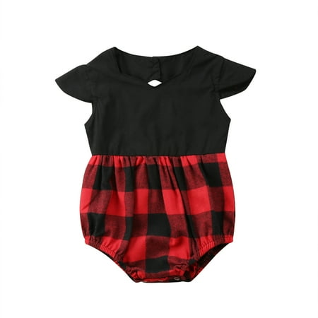 

Awoscut Baby Girls Summer Short Jumpsuit Plaid Short Sleeve Patchwork Romper