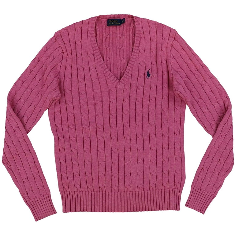 Polo Ralph Lauren POLO PINK Women's Cable Knit V-Neck Sweater, US Medium