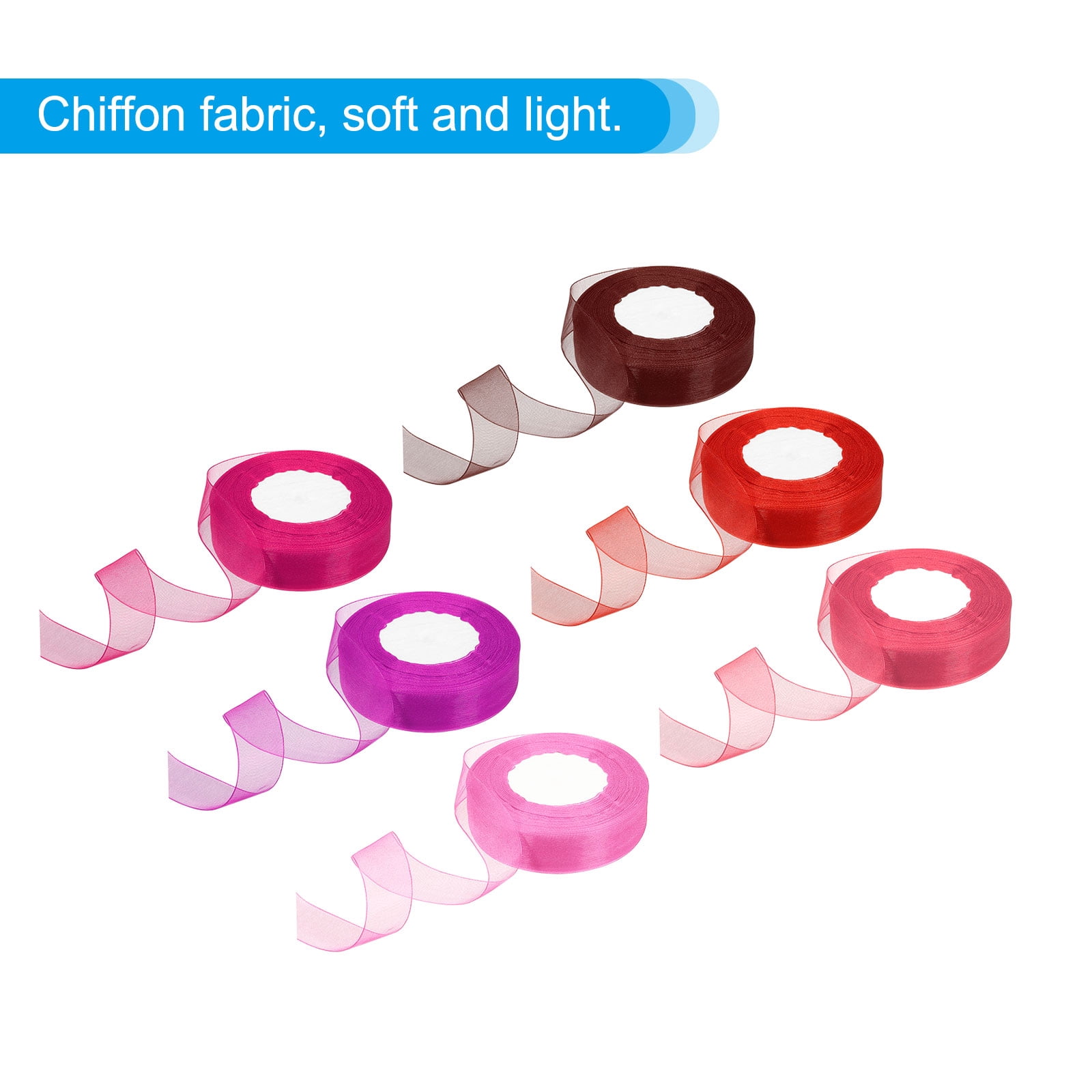 Uxcell 6Pcs 1 Inch x 50 Yard Organza Ribbon Pink/Red/Burgundy/Purple/Bright Red/Rose