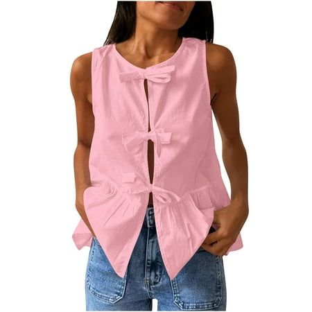 JGGSPWM Women s Sleeveless Bow Tie Front Peplum Tank Top Loose Fit Cut Out Babydoll Blouse Summer Shirt Y2K Ruffle Hem Lace Up Vest Pink M