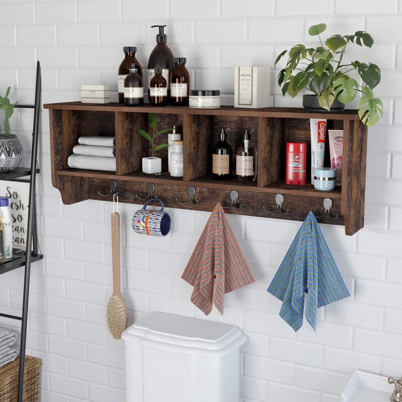 Details about   Rustic Style Pipe Design Brown Wood and Black Metal Wall Mounted Bathroom Shelf 