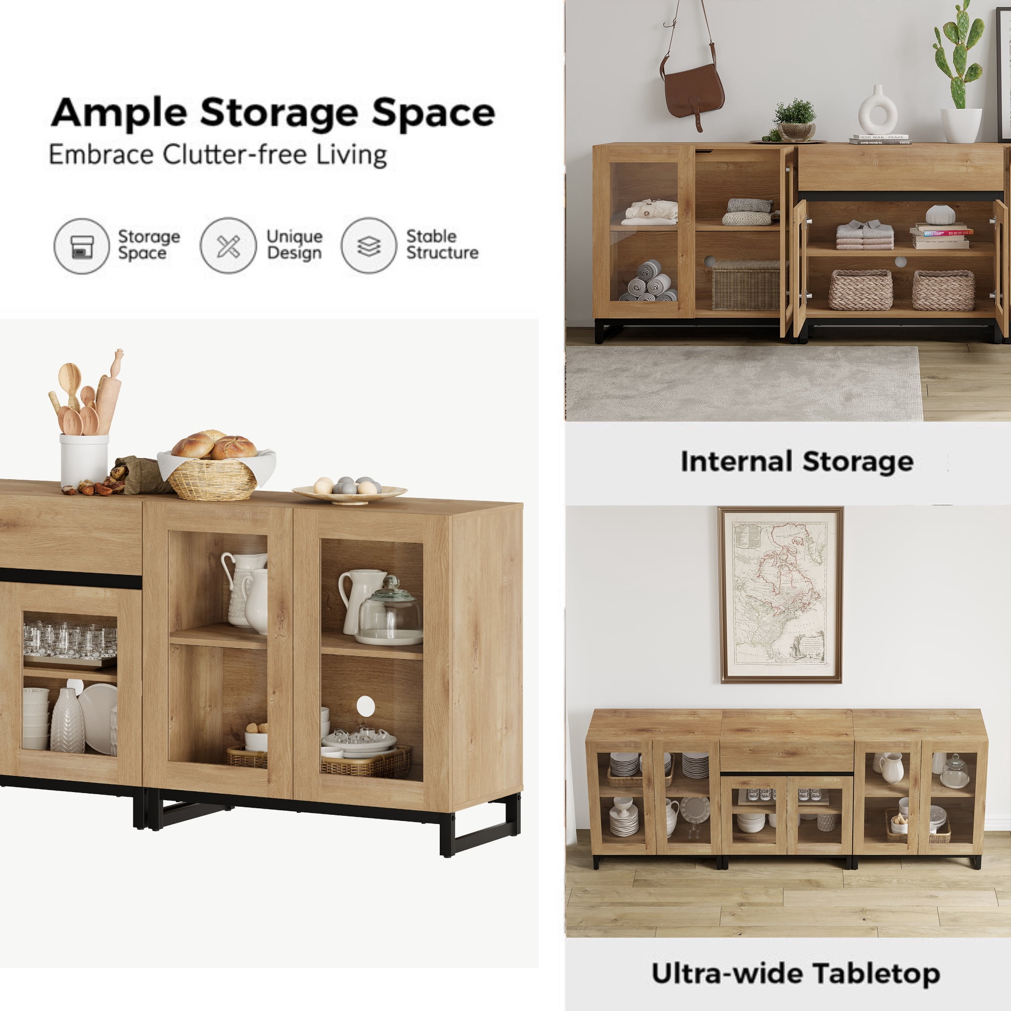WAMPAT 3-in-1 Modern TV Stand for TVs up to 100 Inch, Glass Doors & 1 Drawer Entertainment Center, Media Console with Adjustable Shelf for Living Room & Bedroom