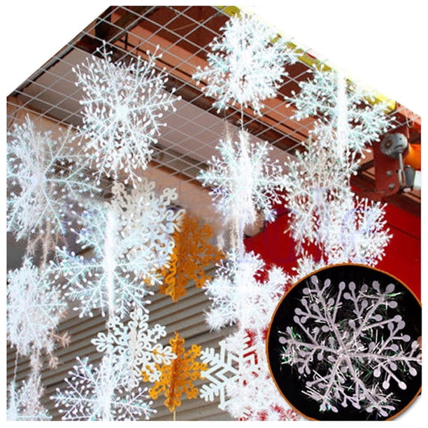 Adornos de copos de nieve con purpurina - Adornos de plástico blanco de plástico en forma de copo de nieve en pack de 6 para árbol de Navidad y decoración de fiestas de invierno