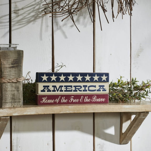 VHC Brands Patriotic AMERICA Home Of The Free And The Brave w/ Stars On Blue Stripe MDF Sign 3.5x9, Independence Day Decor, Decorative Sign, Rustic Farmhouse Fourth of July Decorations