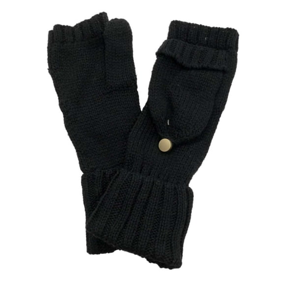 Womens Soft Black Cuffed Knit Fingerless Flip Top Convertible Gloves Mittens