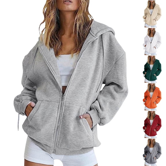 Stralyhd Zip Up Hoodie Women Oversized Long Sleeve Lightweight Sweatshirts Casual Fashion Drawstring Fall Winter Jackets with Pockets Light Gray XL