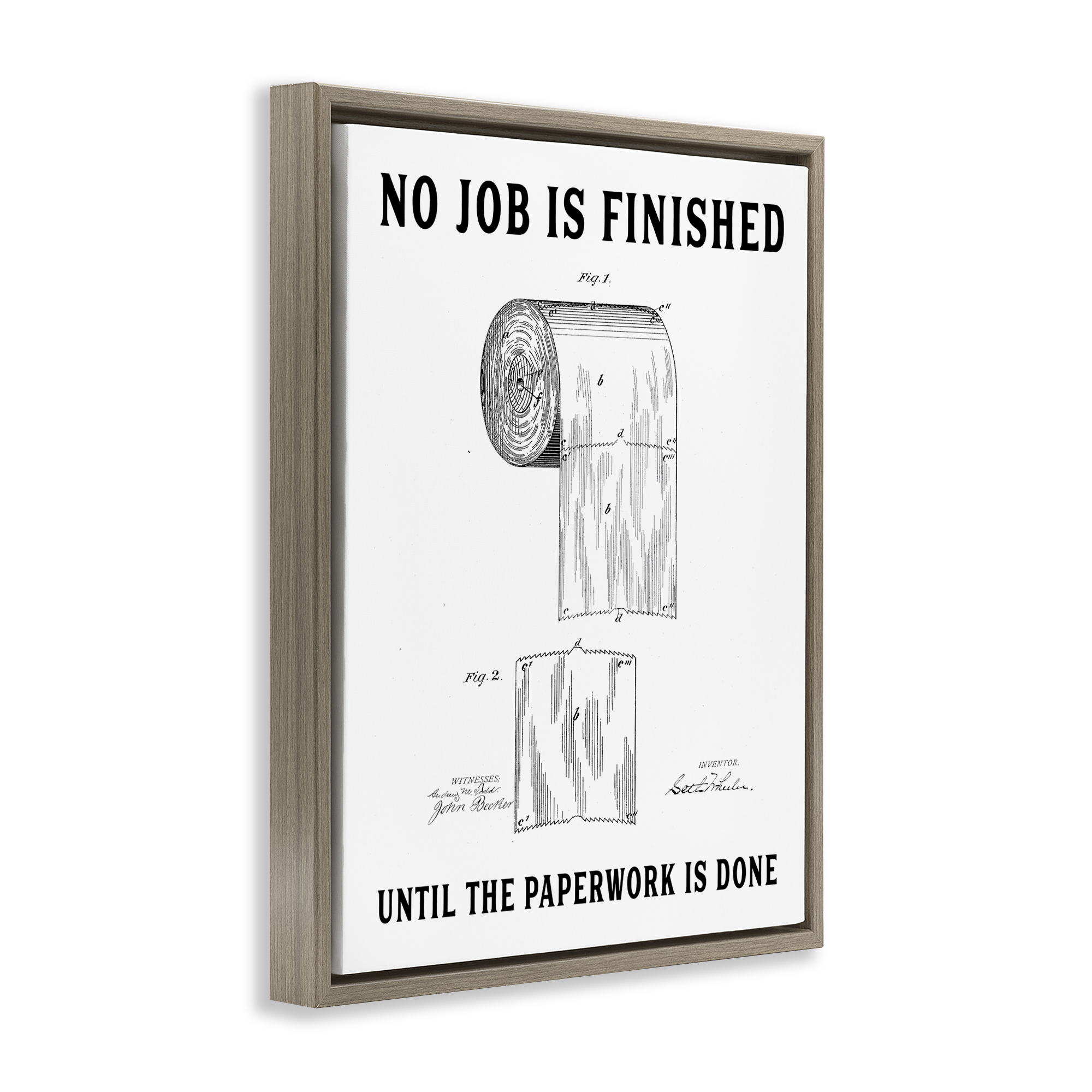 No Job Finished Toilet Paper Brown Framed Floater Canvas Wall Art, design by Lettered and Lined