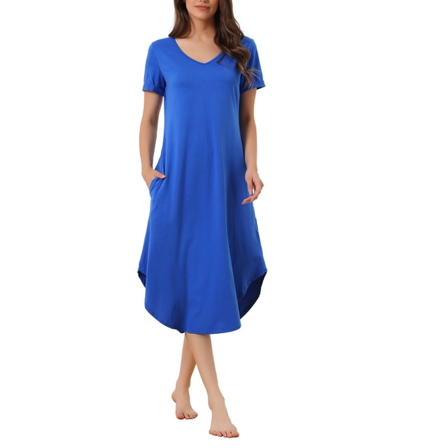 INSPIRE CHIC Camisón de Mujer V Cuello Corto Manga Larga Vestido de Lounge Primavera Verano con Bolsillo XL Azul Real