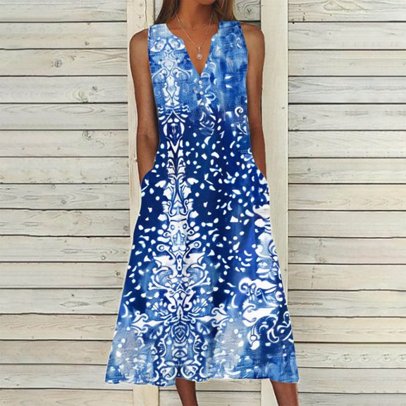 Nuoqisi Summer Dress for Women 2026 Sleeveless Tank Midi Dress Vacation Beach Sundress Aline Boho Clothing