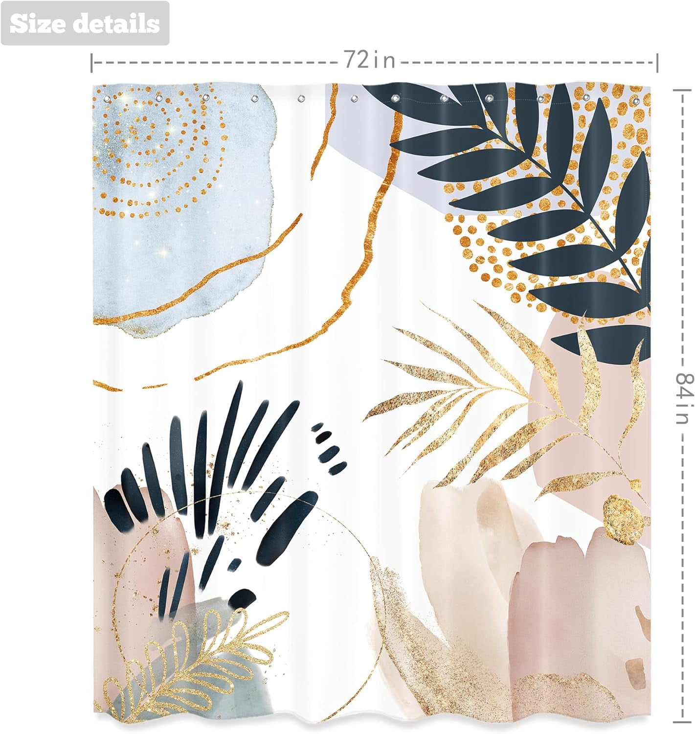 Abstract Mid Century Shower Curtain 72Wx84H Inches Extra Long Boho Pastel Geometric Golden Leaves Minimalist Modern Aesthetic Bathroom Home Decor Fabric Waterproof Polyester with Hooks