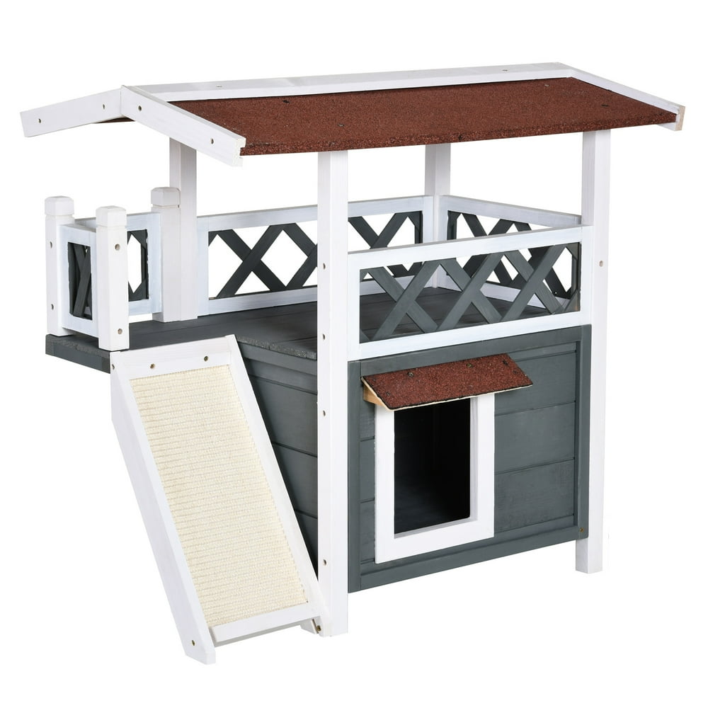 PawHut 2Story Solid Wood Cat House Condo Shelter with Sisal Ramp, Weatherproof for Indoor