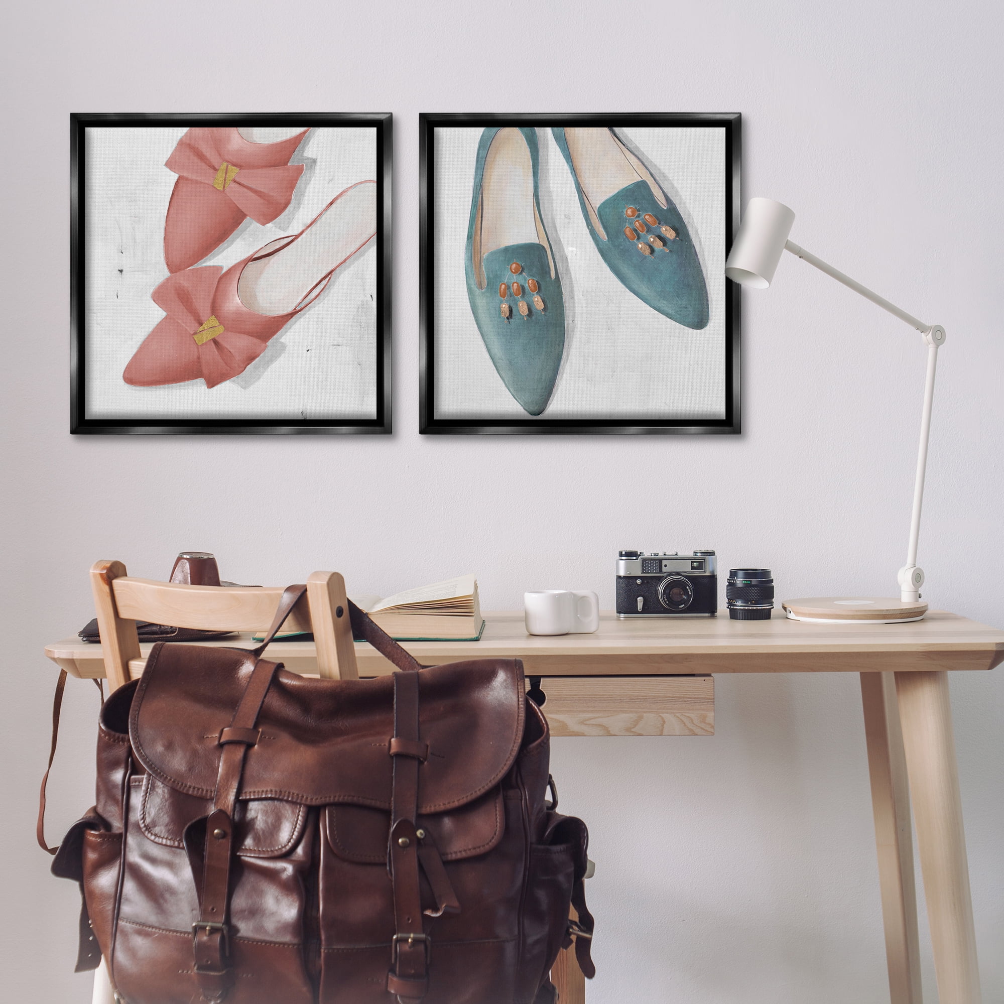 Stupell Industries Pink & Blue Fashion Flats Fashion Painting Black Floater Framed Canvas Art Print Wall Art, 25 x 25, Set of 2