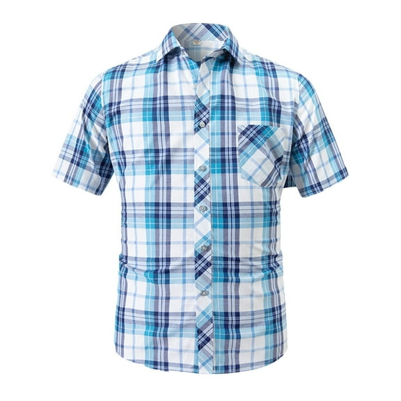 WREESH Men's Cotton Plaid Button Down Shirts Short Sleeve Casual Style with Pocket and Turndown Collar Blue