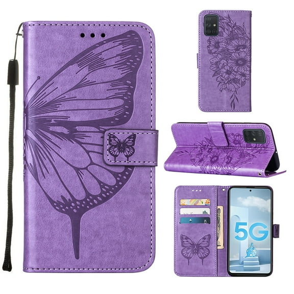 Galaxy A71 (5G) Phone Case, Dteck Embossed Butterfly PU Leather Wallet Foilo Case Stand Protective Cover with Hand Strap [Built-in card slots/money pocket] for Samsung Galaxy A71 5G, Light Purple