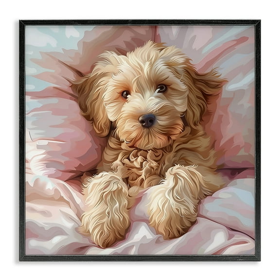Stupell Industries Cuddling Labradoodle Bed Animals Painting Black Framed Art Print Wall Art, 12 x 12
