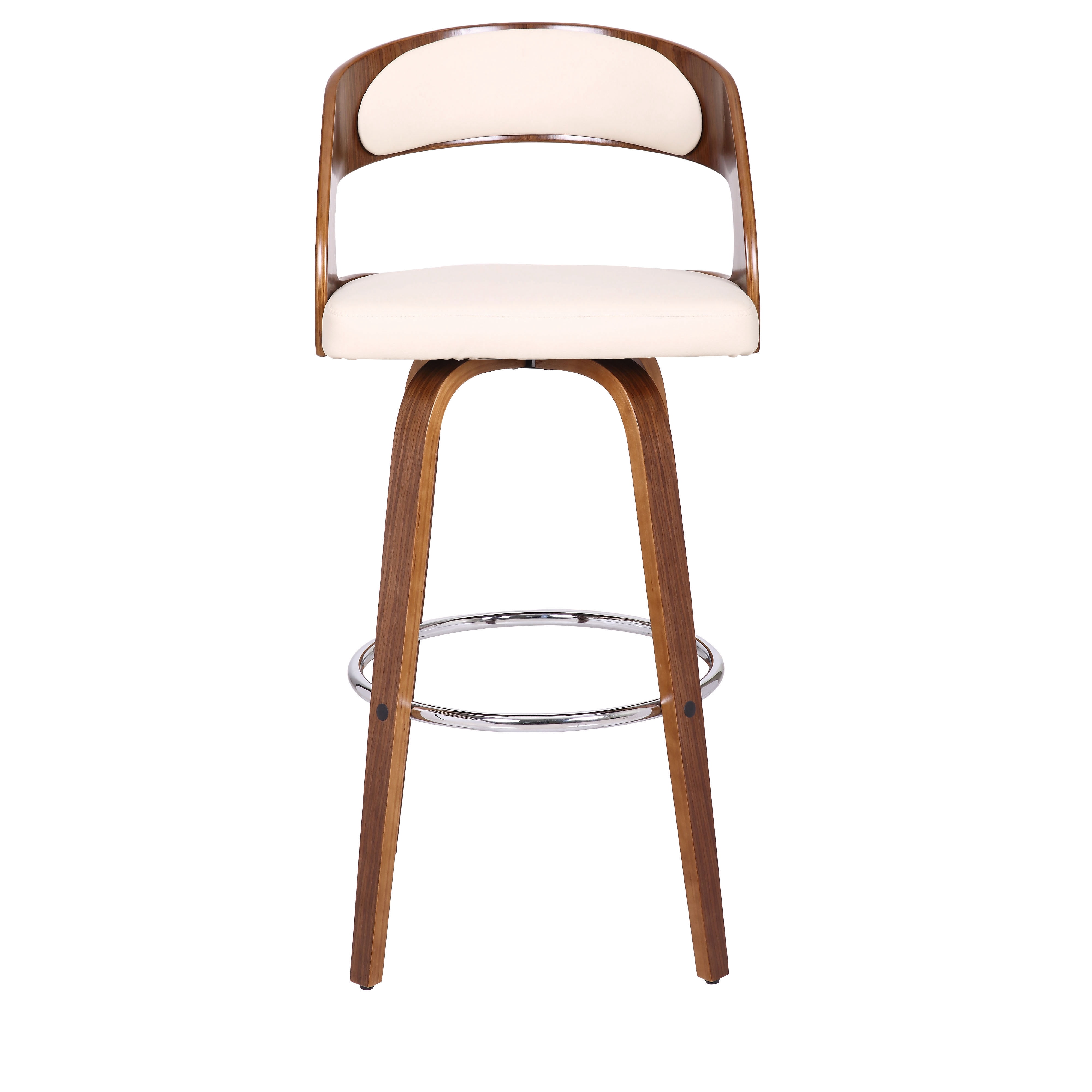 Shelly 30" Bar Height Swivel Cream Faux Leather and Walnut Wood Bar Stool - Set of 4